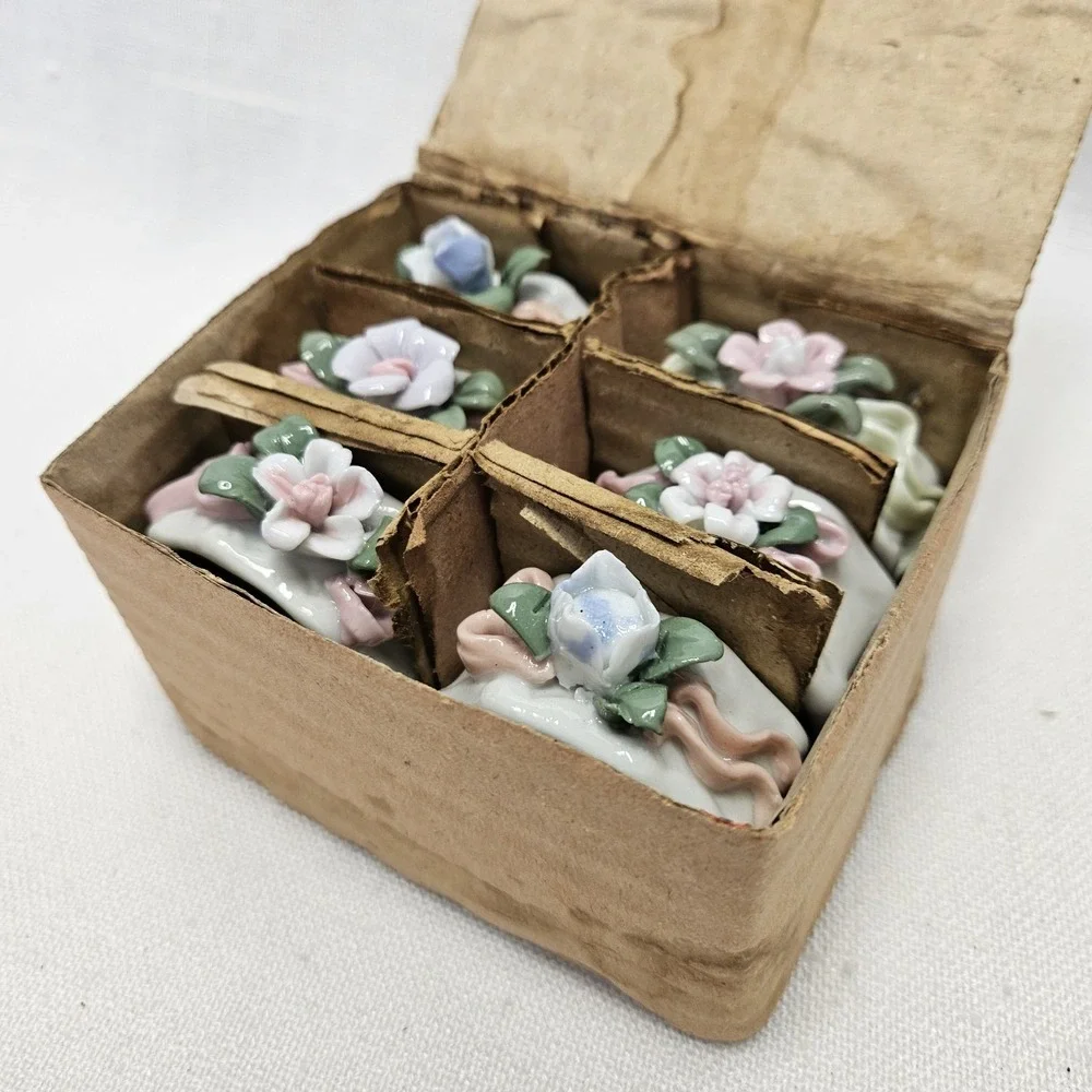 Vintage VTG Napkin Rings Set of 6 White Floral Porcelain Table Decor Cottagecore
